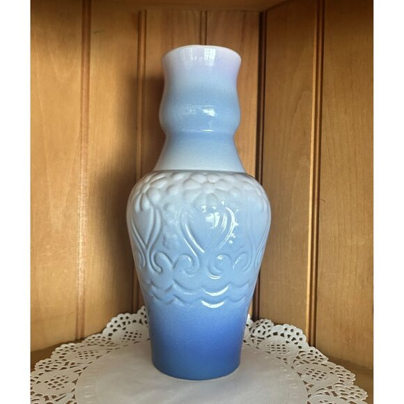 Vintage Art Deco Blue Ombre Ceramic Tall Vase Textured Floral Patterns Floral - Picture 1 of 7